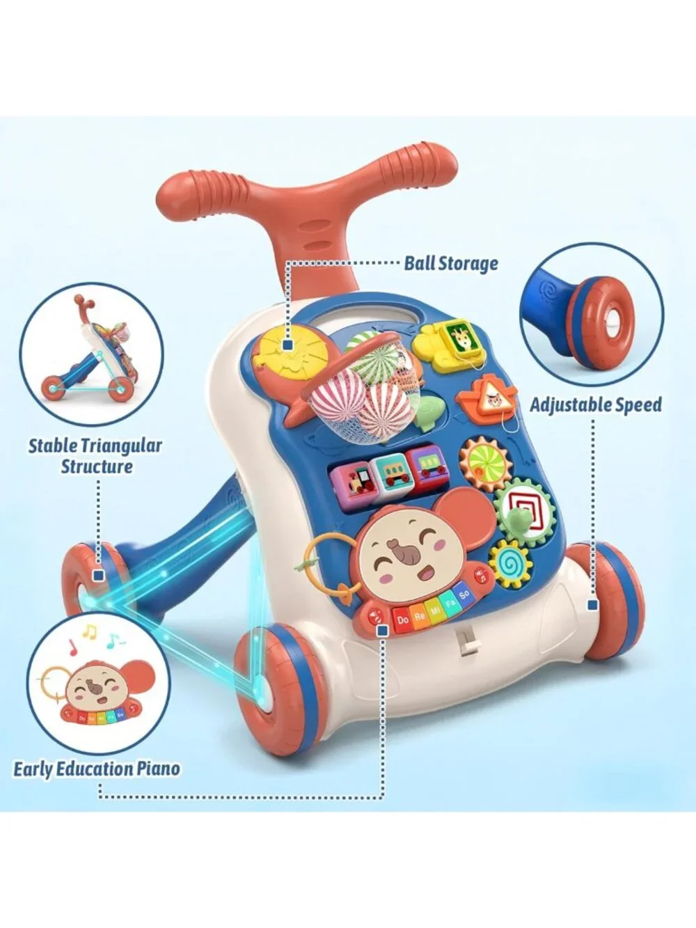 3-in-1 Baby Walker & Activity Center, Learning to Walk, Sit-to-Stand, Music Toy